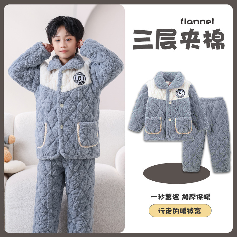 Picture of Children's Three-Layer Quilted Pajamas Winter Flannel fleece-lined Thickened Boys' Girls' Baby Warm Home Clothes suit