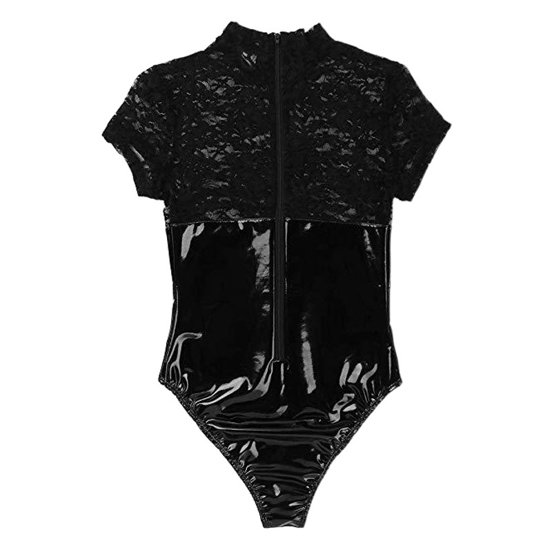 New European and American Amazon Hot Sexy Lace Embroidered Mesh Perspective Patent Leather One-piece Sexy Underwear