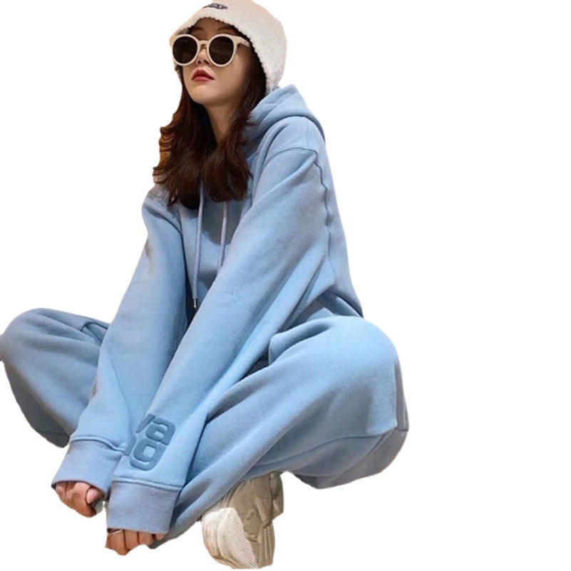 2022 autumn and winter New embroidery new two-piece set velvet padded pullover hooded loose slim sweater set