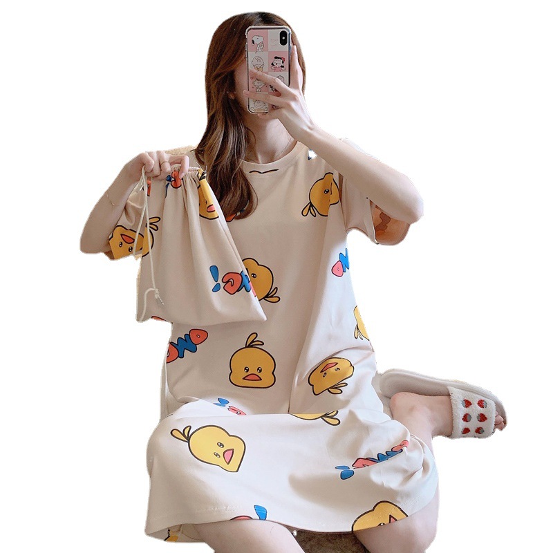 Picture of Internet Celebrity Summer Korean Style Princess Fresh Sweet Loose Nightdress Short Sleeve Plus Size Pajamas Dress with Cloth Bag
