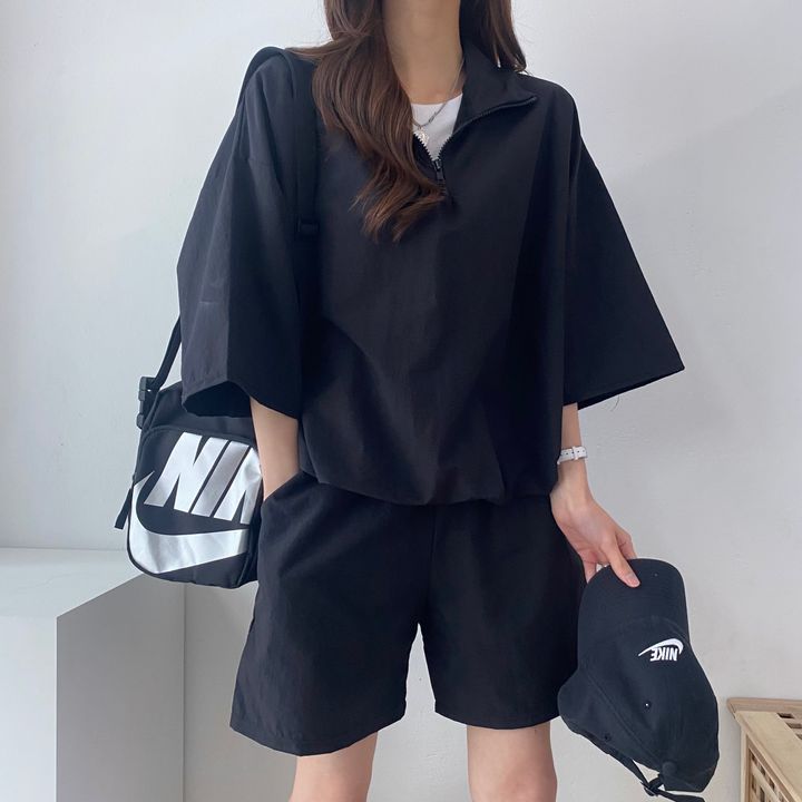 Foreign Trade High Neck Zipper Short Sleeve Shorts Women's Two-Piece Set Spring and Summer Fashion Casual Sportswear Set Loose