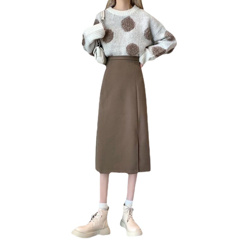 2024 autumn and winter New plus size chubby girl skirt high waist split mid-length A- line skirt slimming black hip skirt