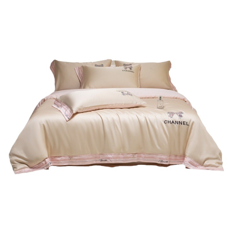 High-end 100 Lanjing Tencel Bed Four-piece Ice Silk Summer Letter Bed Sheet Quilt Cover Silky Sleeping Naked Bed