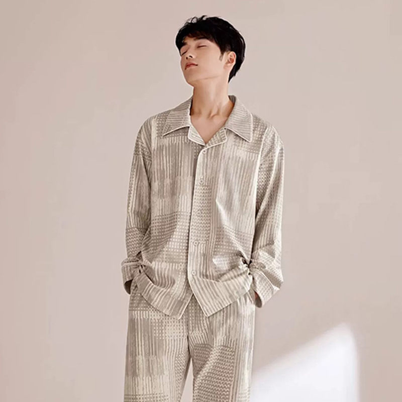 Pajamas men's autumn and winter lapel long-sleeved homewear suit cardigan pajamas can be worn outside 2023 spring and autumn two pieces suit