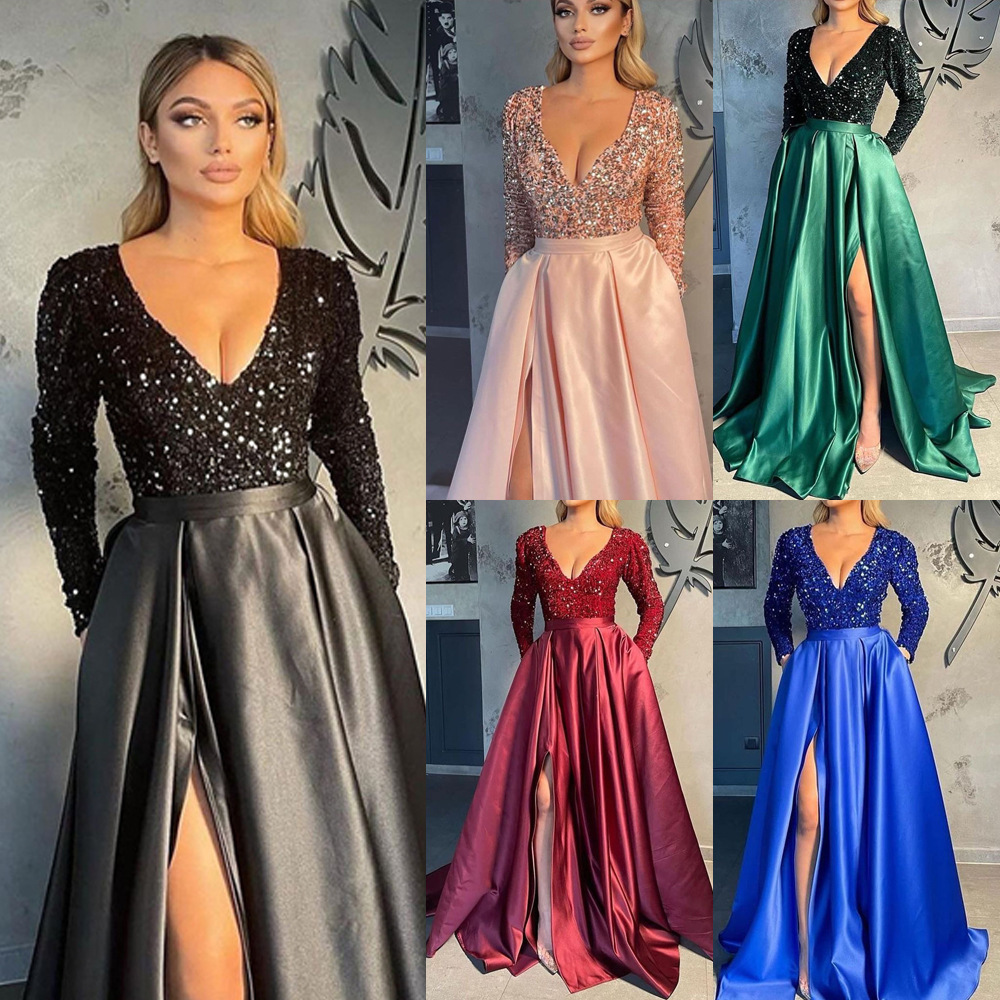 2025 Cross-Border Spring and Summer New European and American Clothing Independent Station Sequin Large Hem Sexy Long Skirt Tail Banquet Evening Dress