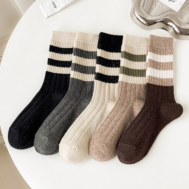 New socks women's autumn and winter warm mid-calf socks Brown series fashion retro striped long pile socks all-matching wholesale