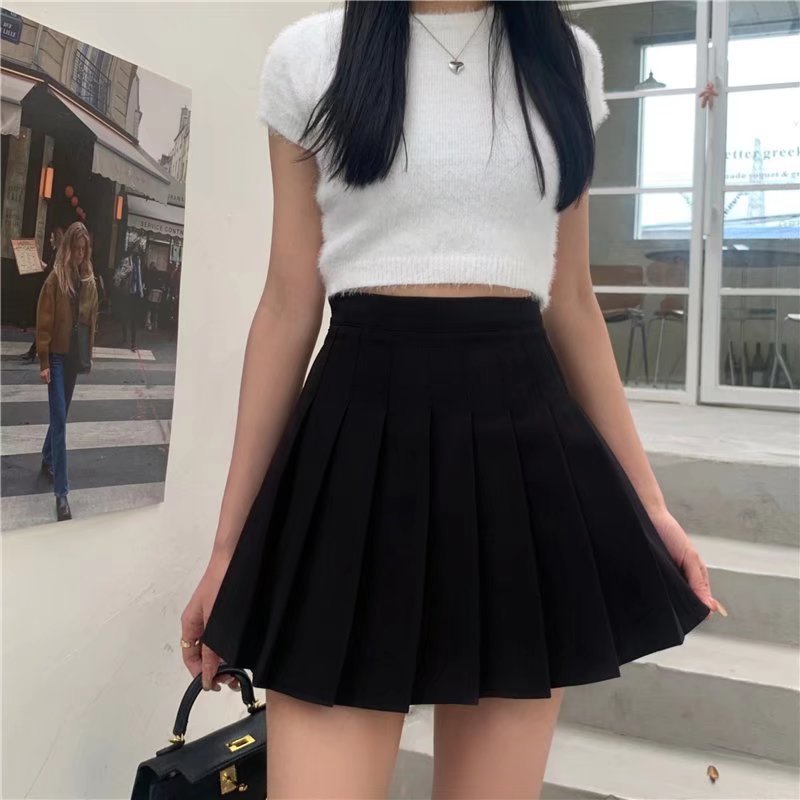 Pure Pleated Skirt Skirt Women's Fashion Korean-style Elegant High Waist Slimming Fresh All-match Solid Color A- line Short Skirt for Summer