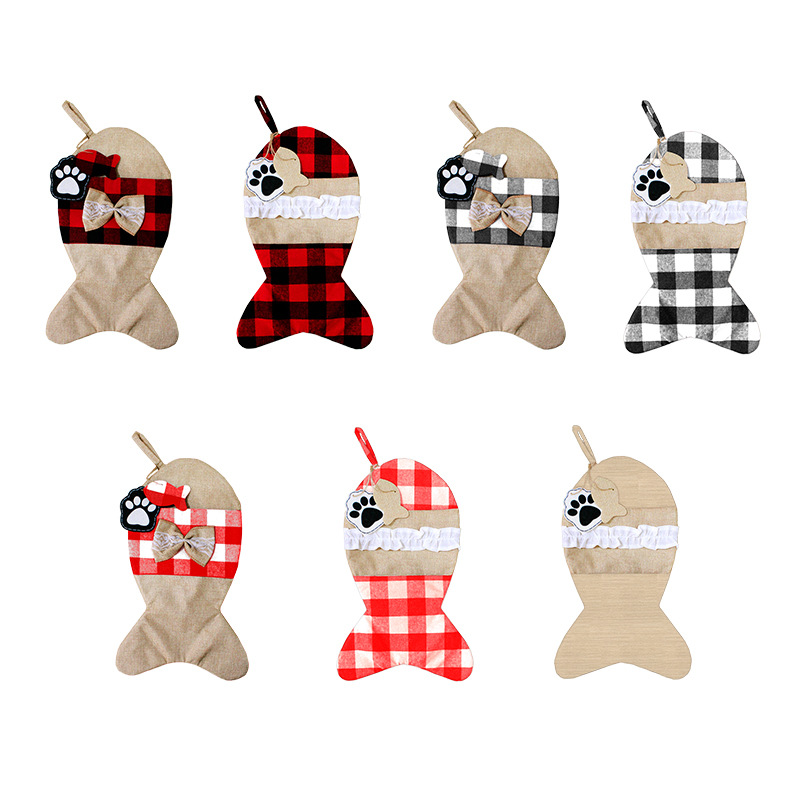 Christmas decoration imitation linen bag pet bag dog claw bone bow fish gift bag plaid bag