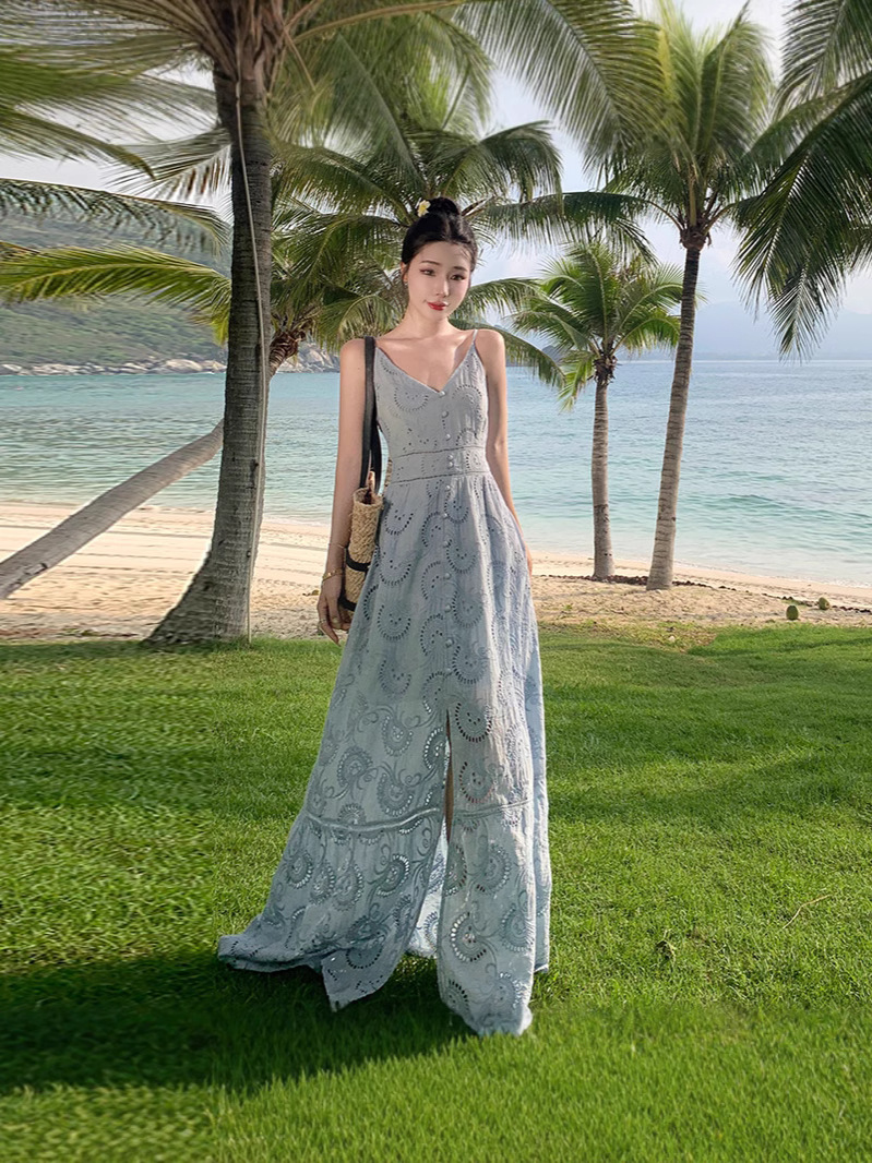 2025 sling hollow embroidery V-neck slim sweet girl long dress
