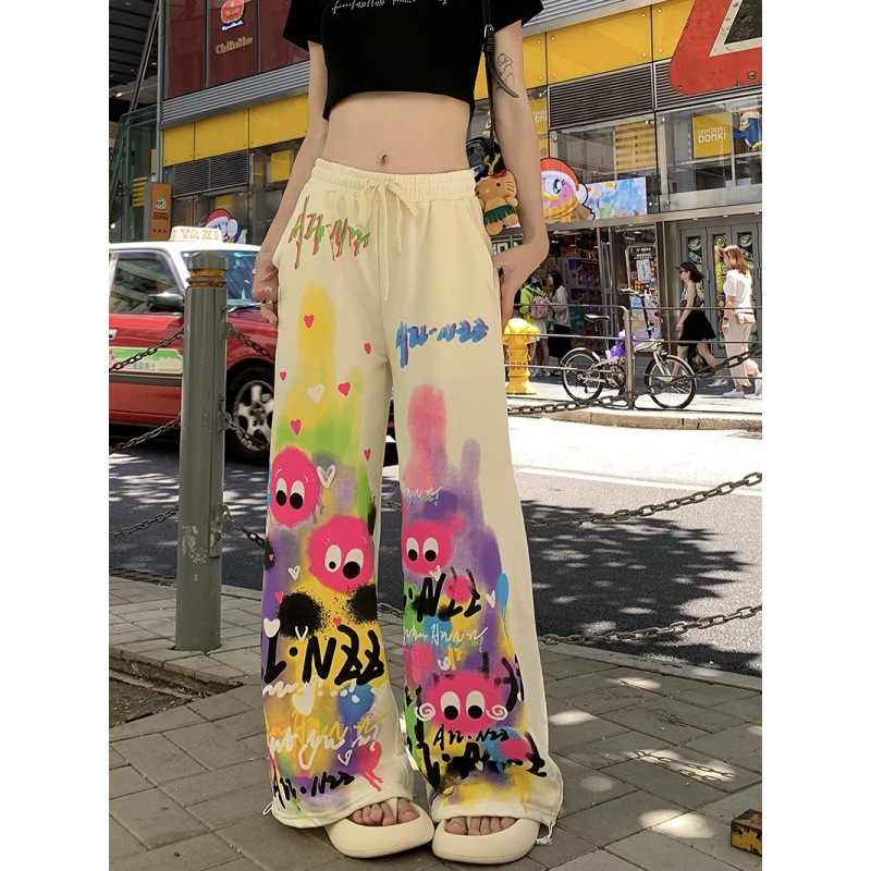 Graffiti Print Casual Pants Women's High Waist Drawstring Wide Leg Pants 2024 Summer High Waist Loose Slimming Long Pants
