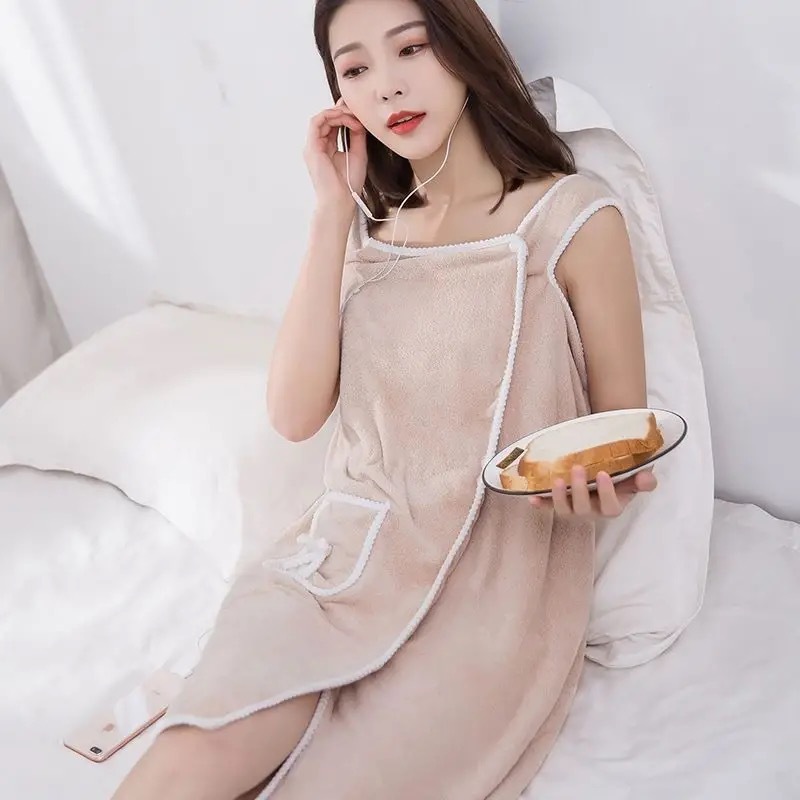 Picture of free size Wearable Bath Towel Female Adult Strapless Sling Bath Skirt Soft Absorbent Bath Special Coral Fleece Bath Towel Wholesale
