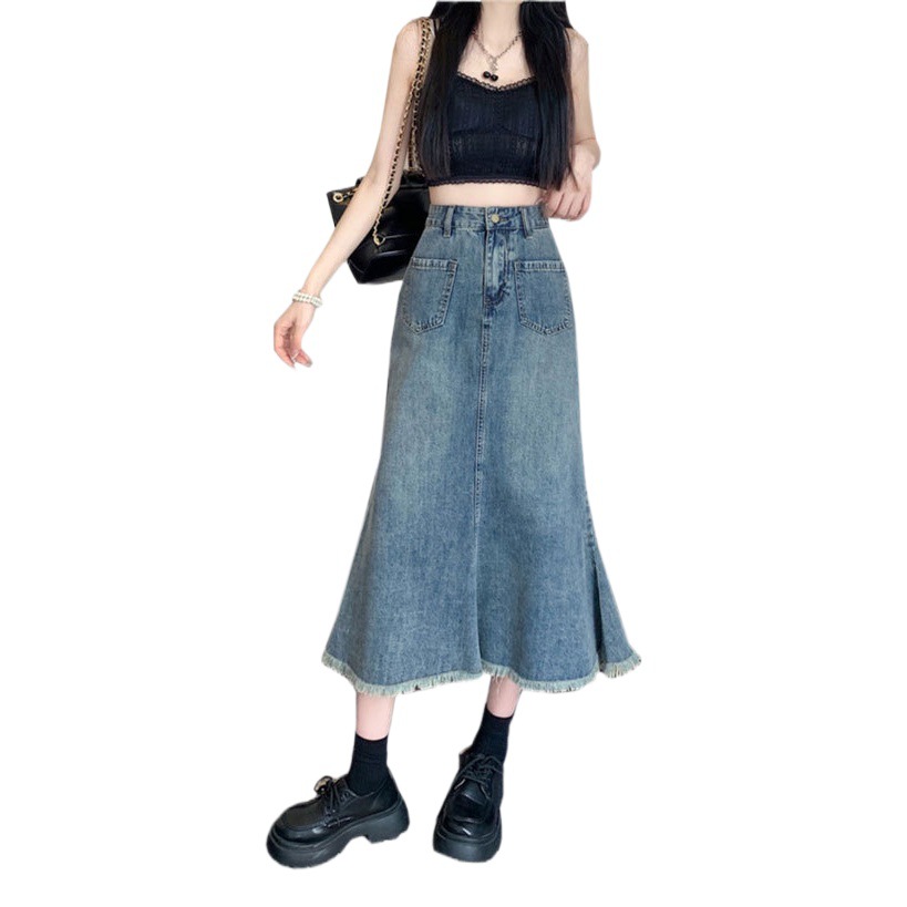 Rapped Denim Skirt Women's Summer ins-style Niche Retro High Waist Hip Skirt Mid-length A- line Trendy Skirt
