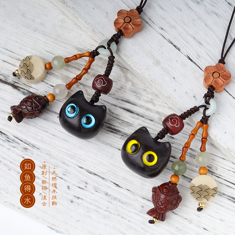 Ebony inlaid blue eye yellow eye good luck lucky cat mobile phone chain pendant creative purple keychain bag pendant