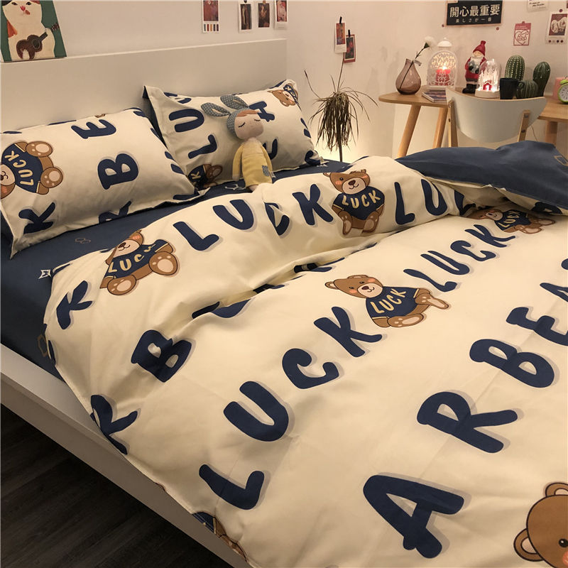 Ins Alphabet Bear Bear Bed Simple Four-piece Set Washed Cotton Bed Sheet Quilt Cover Cartoon Student Dormitory Three-piece Set