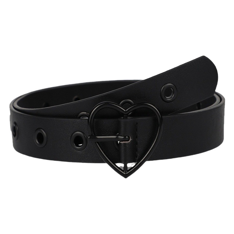 Cross-Border Air-Eye Hollow Women's Pure Black Belt with Love Buckle Retro Belt with Dress and Jeans Belt