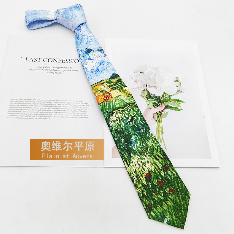 Picture of Van Gogh Oil Painting Men's Polyester Printed Vintage Tie Factory in stock Fashion Casual Tie Hand Tie 8cm