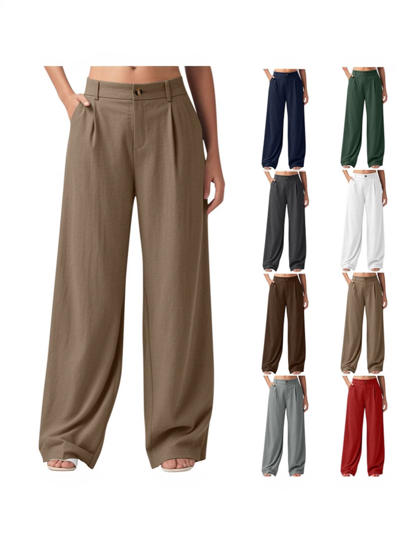 European and American Cross-Border Summer New Women's Fashion Solid Color Casual Wide-Leg Pants Loose Cotton Linen Zipper Pants