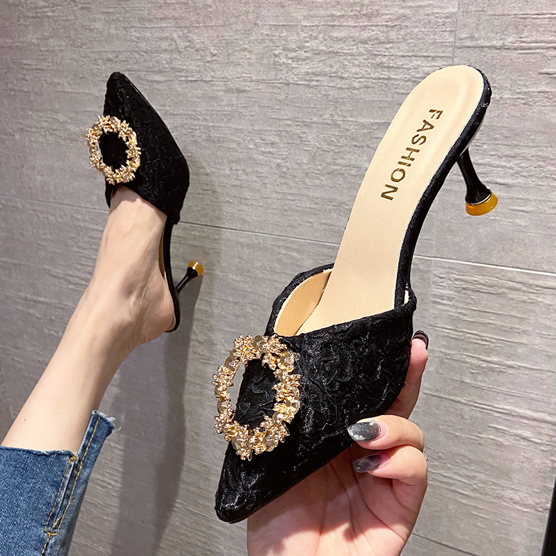 Women's Summer Outdoor Half-Slippers 2024 New French Style Thin-Heeled Closed-Toe Sandals Black Ultra-High Heels