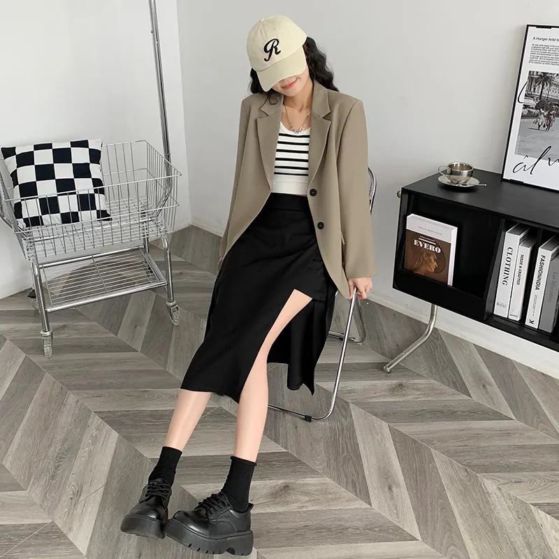 Women's Skirt 2023 New Summer Mid-length All-match High Waist Split Black A- line Small Hip Skirt