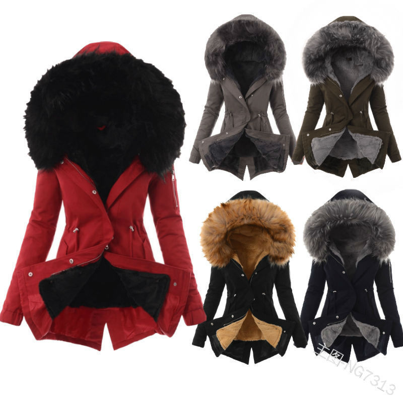 Wish Cross-border Autumn and Winter Fashion European and American Foreign Trade Solid Color Split Hood Slim-fit Warm Zipper Jacket for Women