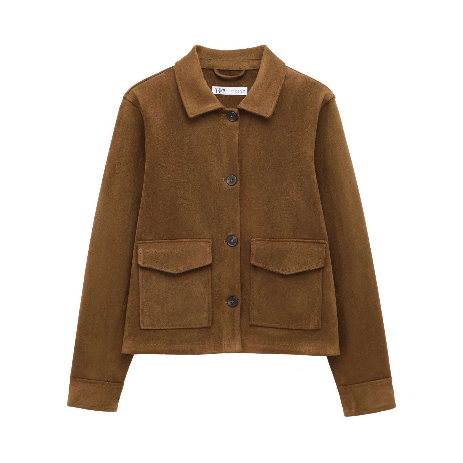 Picture of Simple Retro Suede Jacket Simple Retro Double Flap Pocket Pants Suede Jacket Women's Long Sleeve Single Breasted