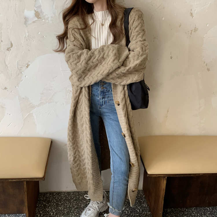 South Korea thick twist lazy wind coat autumn and winter loose slimming super long thick cardigan sweater coat for women