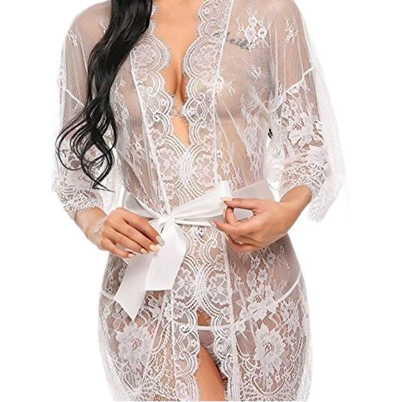 New European and American sexy lingerie women's sexy temptation lace kimono nightgown babydoll underwear mesh pajamas