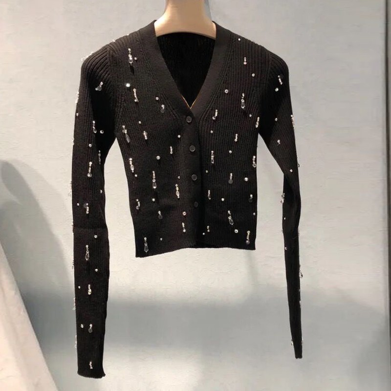 Picture of Miu Style Beaded Diamond Long-Sleeved Knitted Cardigan V Neck Versatile Black Slimming Look Spring New Short Sweater for Women