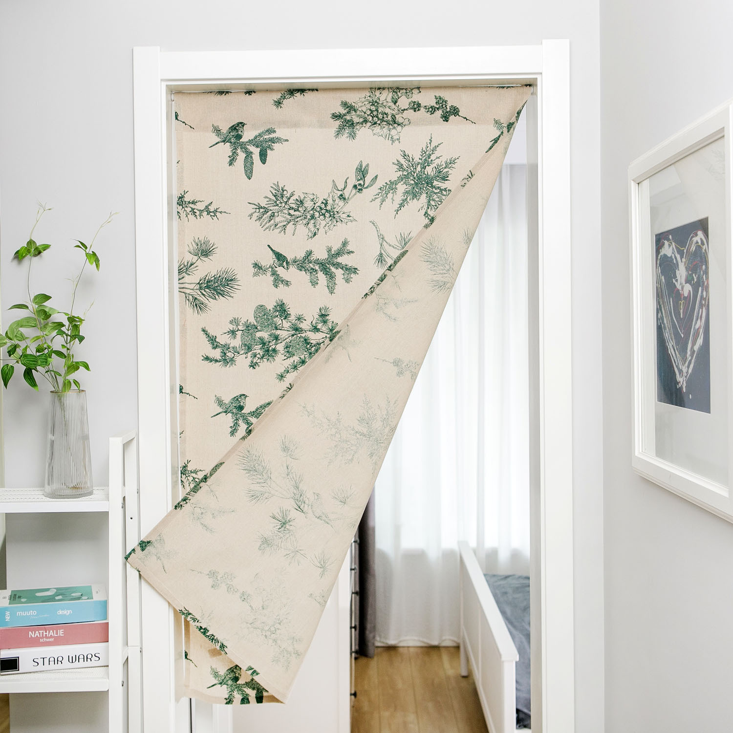 Yiman Qiyun Door Curtain Green Pine Branch Printed Pastoral Hanging Curtain Fabric Feng Shui Curtain Bathroom Half Curtain Without Rod