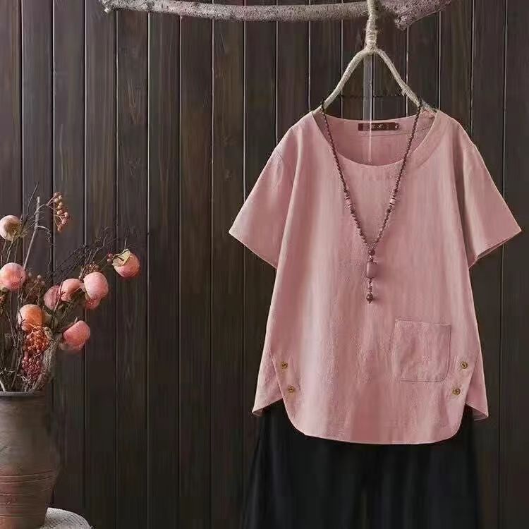 Amazon Cross-border Spring and Summer plus size Loose Artistic Retro Western Style Age-reducing Cotton and Linen Short-sleeved Solid Color T-shirt Top