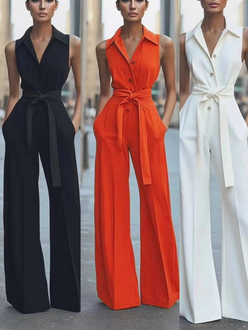 2025 European and American Cross-border Women's Wear, Amazon AliExpress New High-Waist Commuter Waist-Cinching Single-Breasted Jumpsuit