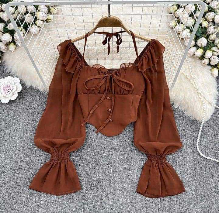 Cross-border pure desire style off-shoulder off-shoulder halter bell sleeve shirt Women's Western style slim slimming irregular short clothes