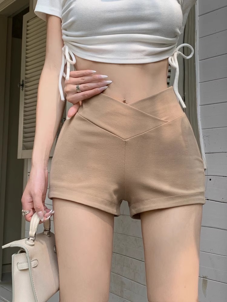 khaki V Waist Casual Sports Shorts Women's Summer Hot Girl High Waist Slimming Tight Stretch Outer Wear Bottoming Hot Pants