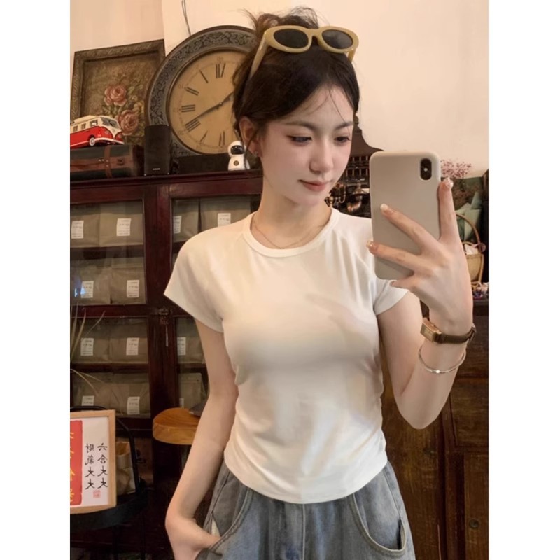 Sweet Sexy Back Cut Out Short-Sleeved T-Shirt for Women 2025 Summer Korean Style Casual Round Neck Slim Pure Color Top for Women