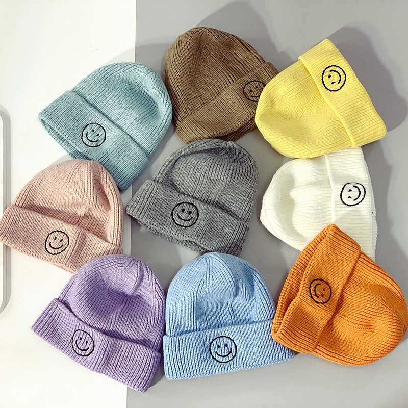 Baby Hat Children's Wool Hat Knitted Autumn and Winter Warm Melon Skin Pullover Cap Embroidered Solid Color Hat for Boys and Girls