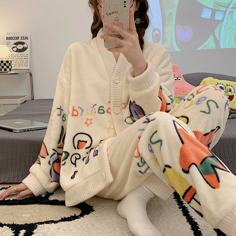 Flannel Pajamas Women 2025 Fall/Winter New Thickened Cartoon Loungewear Coral Fleece Long Sleeve Cardigan Plush Set