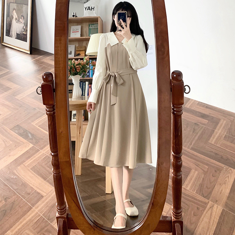 Dress for Women 2025 Spring and Summer New Korean Style French Contrasting Color Splicing Skirt High Waist Gentle Style Skirt for Women