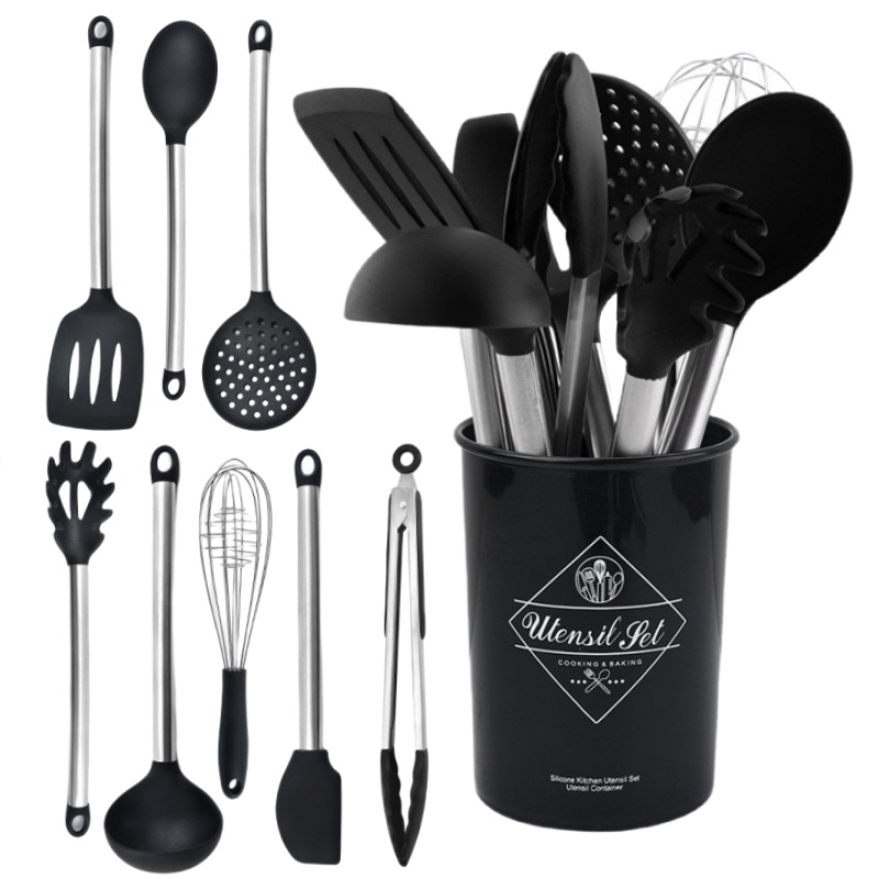 Silicone kitchenware suit 8-piece set stainless steel tube handle spatula baking scraper egg beater cooking hot pot spoon