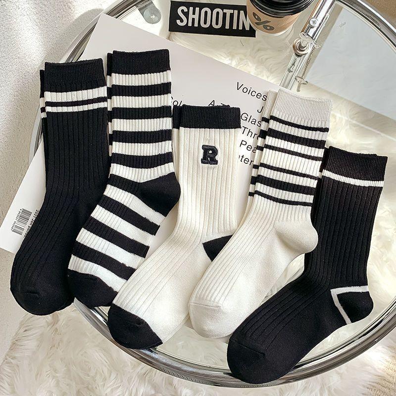 Socks for Women in Autumn and Winter ins Trendy All-Match Classic Striped Black and White Simple Plain Sweat-Absorbing Anti-Stinker Women's Socks