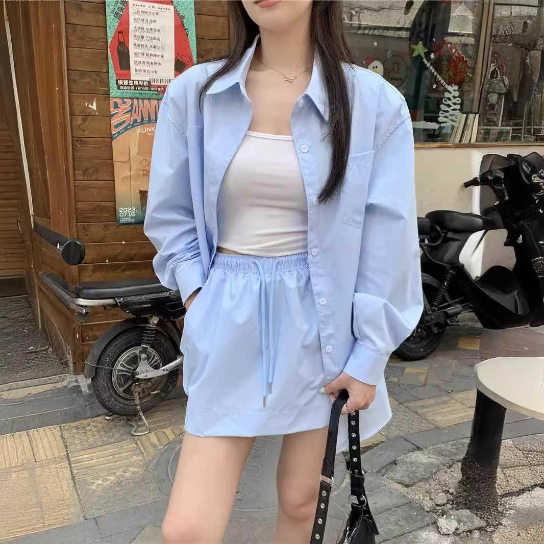 2025 Spring and Summer Lazy Style Loose Long-Sleeved Pure Color Sun Protection Shirt and Skirt Two-Piece Set Fashionable Elegant Lazy Suit