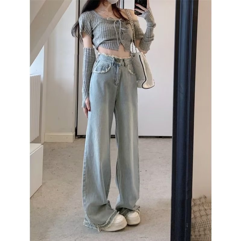 Raw edge jeans, women's niche design, 2025 autumn new small floor mop pants, retro high-waisted straight-leg pants