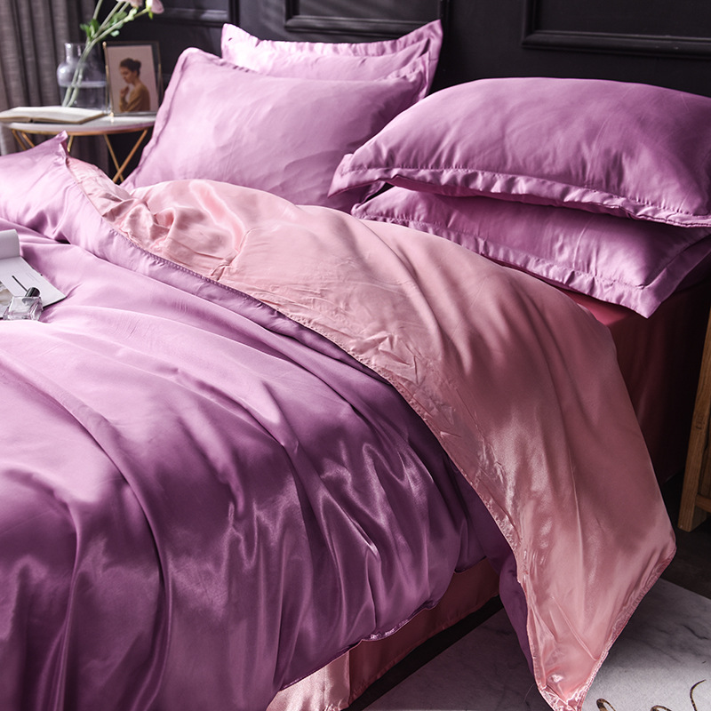 Picture of Summer solid color double-sided washed Ice Silk four-piece set silky color matching quilt cover sheets foreign trade cross-border bedding wholesale