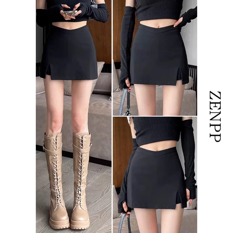 Black suit skirt for women Spring and Autumn new casual high waist split hip skirt anti-exposure A- line short culottes