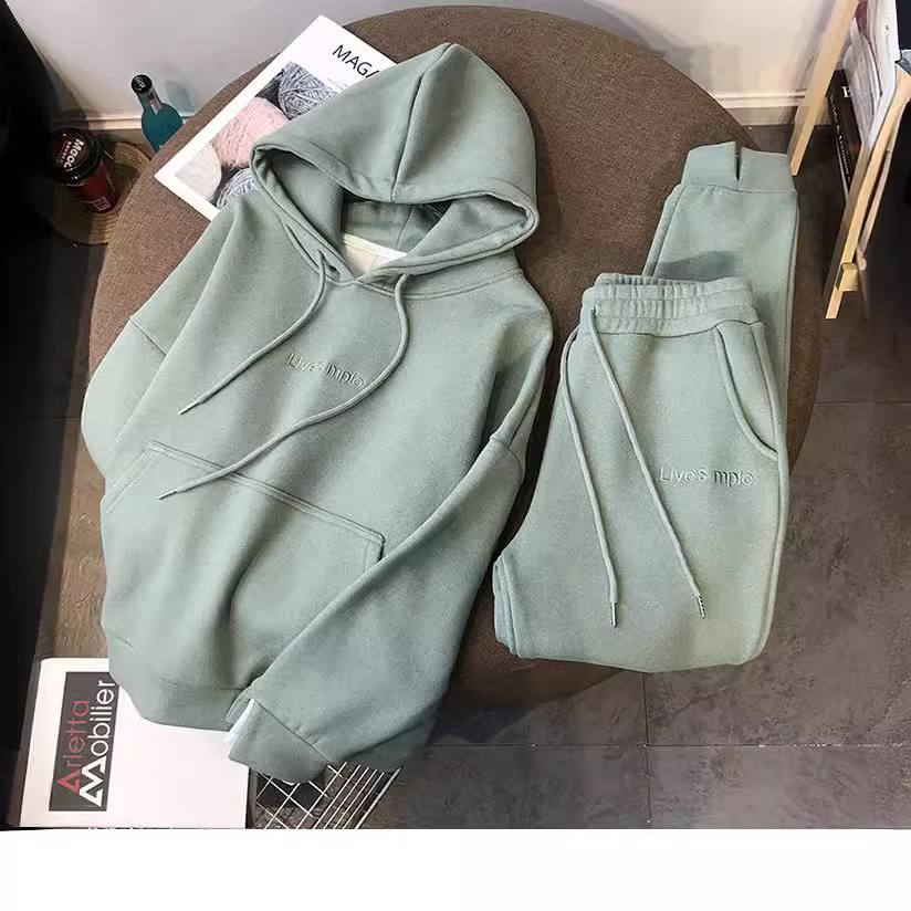 Amazon Autumn and Winter Thickened fleece-lined Loose Hooded Sweat Women's Tunic Pants suit Sports Casual Two-piece Set for Women