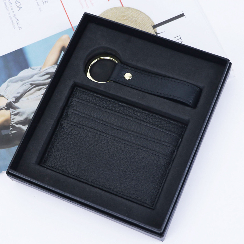 Cross-border Genuine Leather Multi-card Slot Card Holder Thin Small Card Holder Creative Pure Color Keychain Pendant Buckle Accessories Gift Box Set