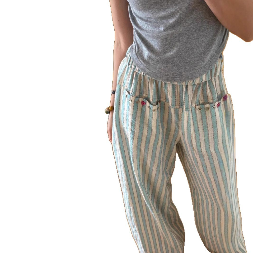 Picture of Autumn and Summer Thin Striped Pants for Women, Cotton and Linen 2025 New Style Petite Casual Straight Pants, Loose Linen Wide-Leg Pants