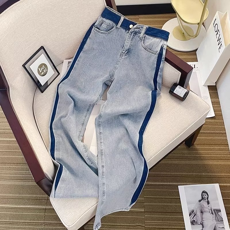 Vintage Contrast Color Jeans Women's 2024 Summer New American Style High Street Rough High Waist Straight Leg Long Pants