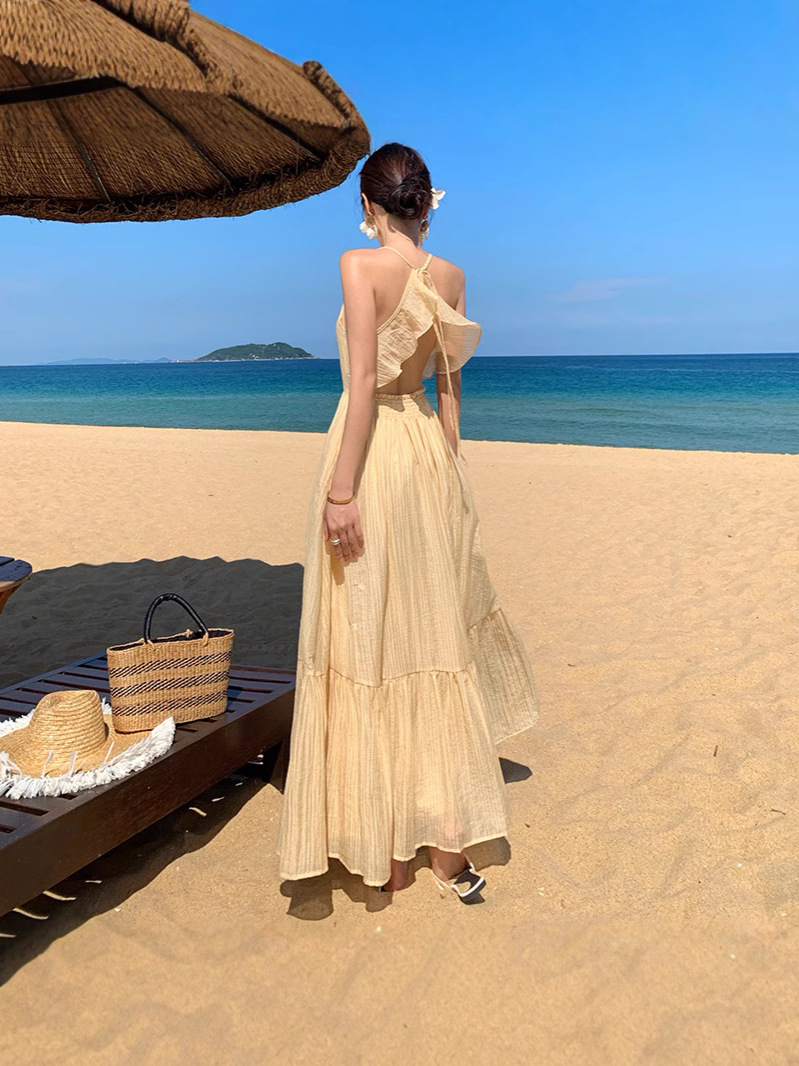 2025 Cross-border Super Fairy Seaside Vacation dress Backless Long Dress High-end Atmosphere Photograph Goddess Wearing Fairy Dress
