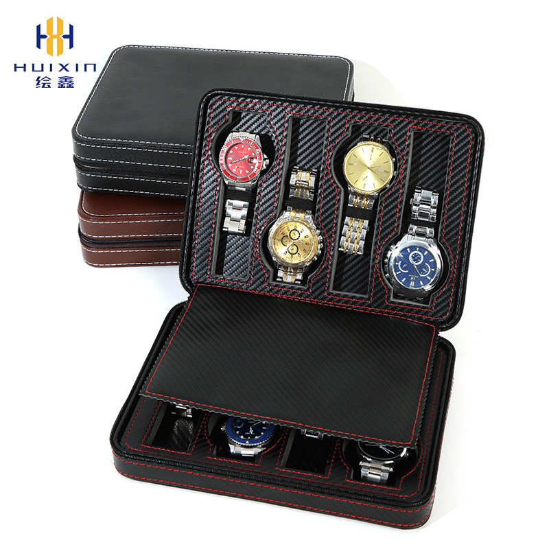 Spot wholesale 8-bit Brown portable zipper watch box Watch storage leather bag fashion light easy hand-in-hand watch