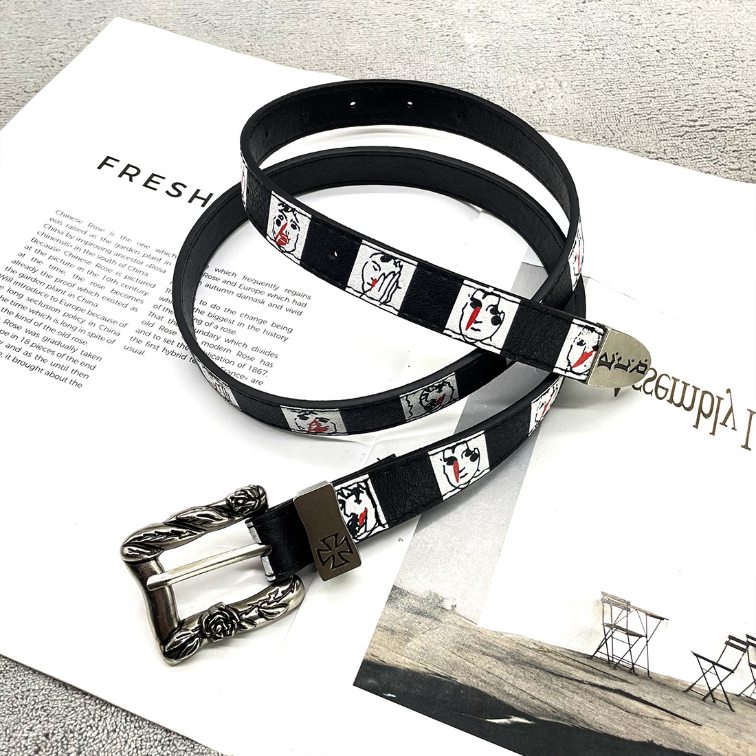 Melancholic Second-Generation Erd Nosebleed Belt Character with Vintage Hand-Painted Pattern Checkerboard Black and White Hand-Painted Leather Punk Belt